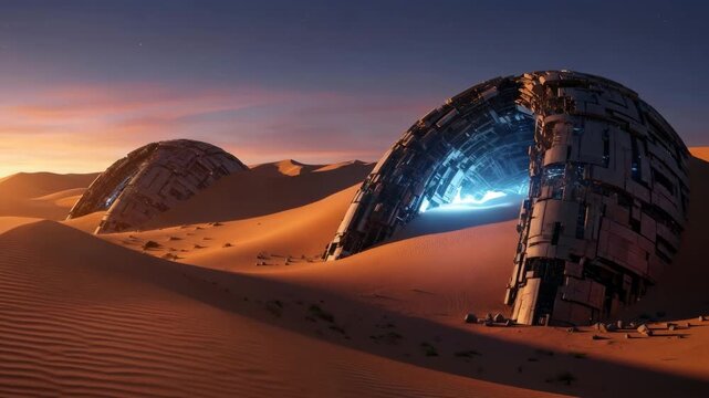 Futuristic desert landscape with glowing technological structures submerged in sand, depicting ancient alien ruins or crashed spacecraft.