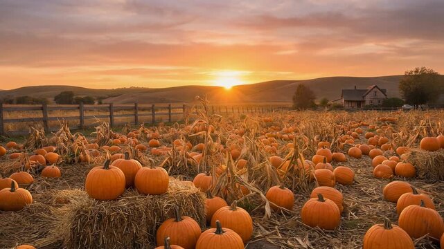 Beautiful pumpkin patch at sunset with hay bales and farmhouse in the background