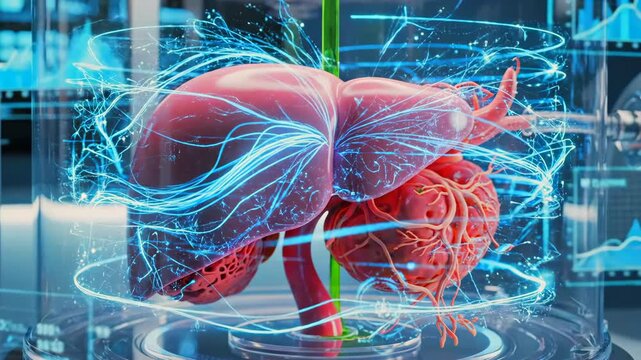 liver suspended in transparent perfusion chamber with pulsatile flow and blue vascular overlays, bioengineer monitors oxygenation and viability metrics for transplant preparation