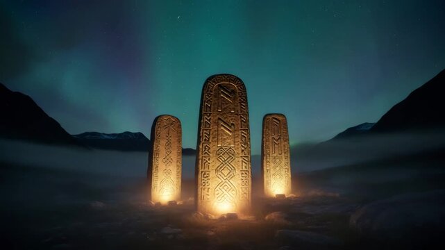 Ancient runic stones glow under an aurora borealis across a mountain landscape with shifting clouds, a fantasy ritual portal