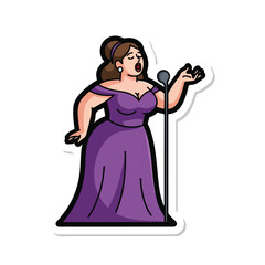 A cartoon woman in a purple dress singing into a microphone
