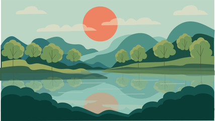 Mountain lake landscape with sunset reflection