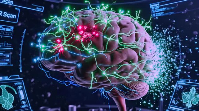 brain cortex and neural networks displayed with glowing synapse hubs and holographic scan, neuroscientist applies targeted stimulation while monitoring activity maps and connectivity changes