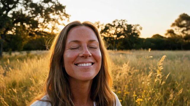 Serene woman enjoying sunset in a tranquil field, capturing the essence of nature and peaceful moments