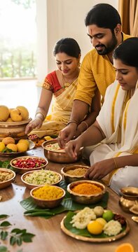 Indian family preparing puja offerings with decorative food items for a traditional Hindu festival ceremony video