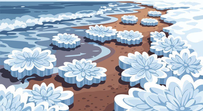 Lotus Flowers on Beach with Waves.