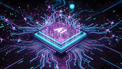 Futuristic AI Chip with Glowing Circuits and Neural Network Connections