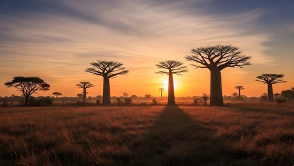 Baobab trees at sunset landscape scene.