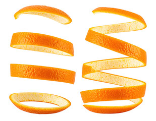 Obraz premium Two views of a fresh orange peel spiraled in a continuous curl. Isolated on transparent background.