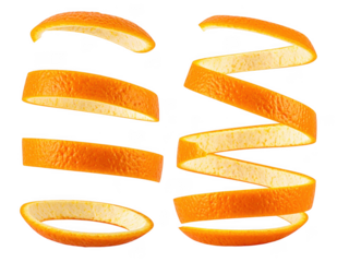 Two views of a fresh orange peel spiraled in a continuous curl. Isolated on transparent background.