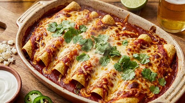 Delicious cheese and sauce covered enchiladas baking in dish with fresh cilantro and jalapenos food,.