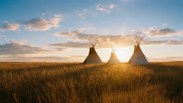 Serene sunset over teepees in a golden field under a vast sky