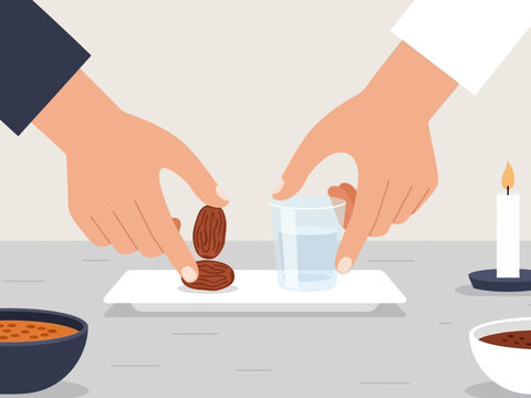 Hands Holding Dates and Water Bottle.