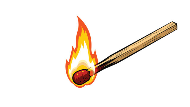 Detailed color illustration of a lit wooden matchstick with bright orange and yellow flame against a clean white background for fire concepts.