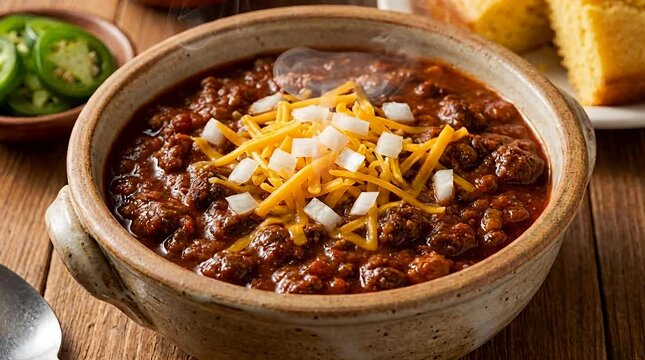 Hearty chili in a bowl with shredded cheese and onion, served with cornbread slices and jalape&ntilde;o, food, meal.