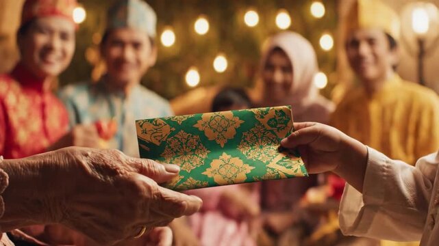 Emotional Cinematic 4K Slow Motion: Muslim Grandparent Giving Eidi Money Packet (Duit Raya) to Child during Eid al-Fitr Family Celebration