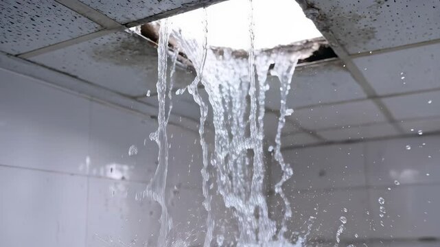 Water pouring from a hole in the ceiling into a pool of water on the floor, creating splashes.
