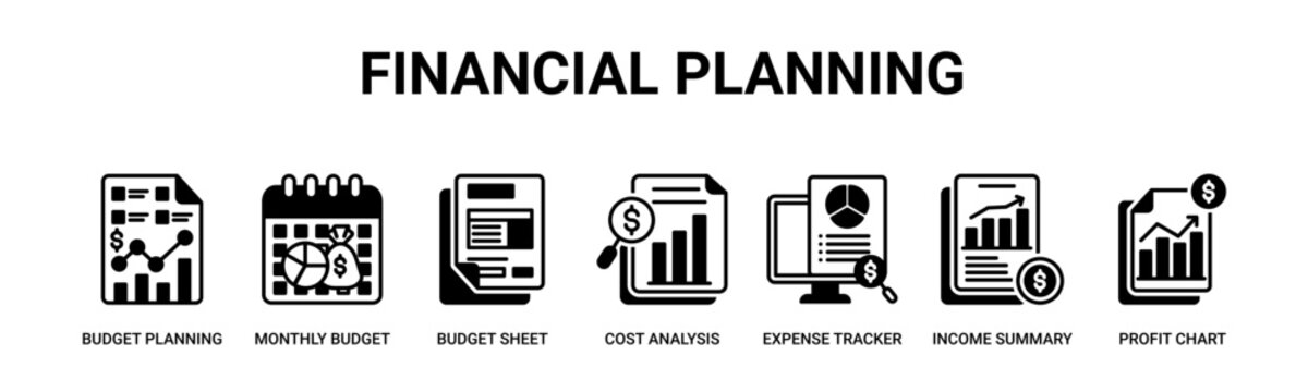 Financial Planning web banner icon vector illustration concept with icon of budget planning, monthly budget, budget sheet, cost analysis, expense tracker, income summary, profit chart. 