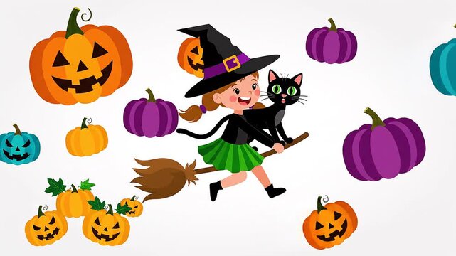 Halloween seamless pattern with cute witch, black cat and colorful pumpkins, vector file