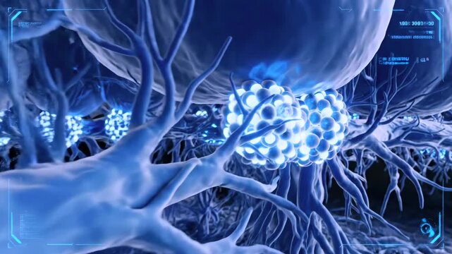 Blue neural synapse microcircuit, closeup of dendrites and glowing transmission clusters neuroscientist research context, synaptic vesicles lighting, highdefinition cellular network