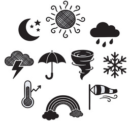 Naklejka premium Collection of hand-drawn weather icons including sun, moon, stars, clouds, rain, lightning, umbrella, tornado, snowflake, thermometer, rainbow, and windsock.