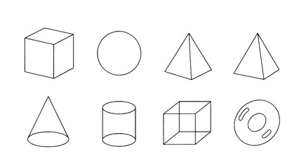 Minimalist black outline geometric shapes collection cube pyramid cone cylinder circle torus and wireframe cube.