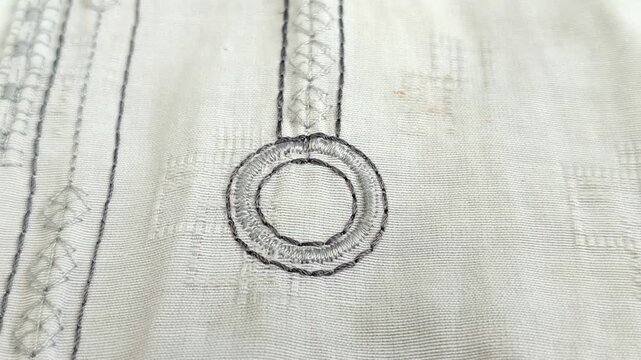 Close-up of grey embroidery on white fabric, featuring elegant scroll patterns and intricate stitch details on a traditional shirt