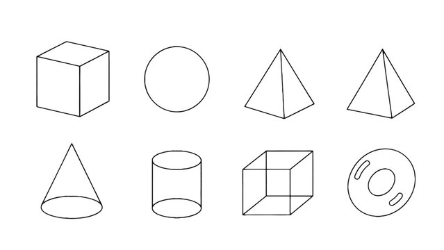 Minimalist black outline geometric shapes collection cube pyramid cone cylinder circle torus and wireframe cube.
