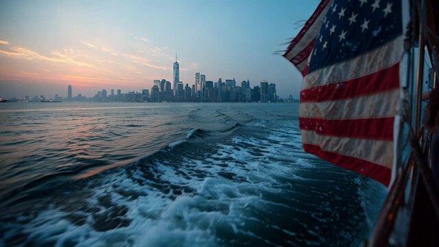American flag on a boat sailing towards a city skyline at sunset.