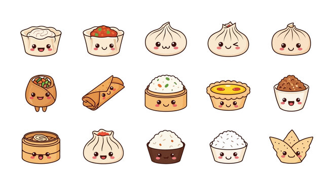 Cute Kawaii Dim Sum Vector Icon Collection, Asian Food Character Illustration Set, Dumpling and Snack Icons