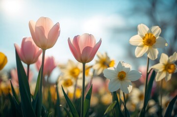 Obraz premium Fresh Spring Flowers in a Meadow with Bright Sunlight and Soft Bokeh Background