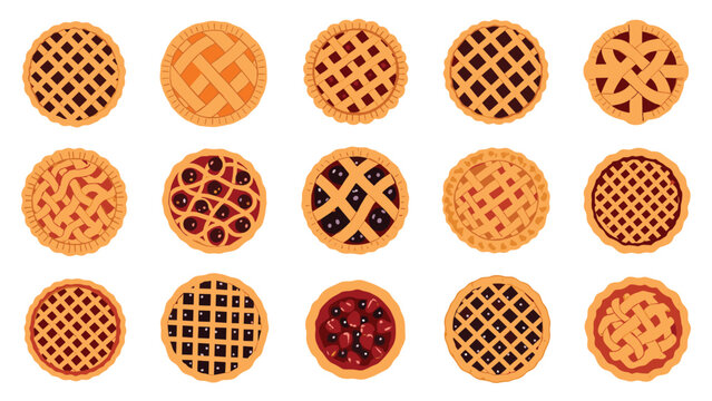 Set of various fruit pies with different lattice crust patterns for bakery menus, home baking, and dessert ads.