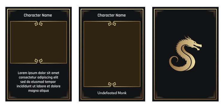 gold Dragon Themed game trading card templates with an gold gradient color. Customizable vector design for TCG, RPG, and character cards. Features slots for player name and description.