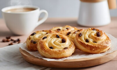 freshly baked spiral pastries with a golden-brown, flaky laminated crust, topped with evenly spaced raisins embedded in the swirls