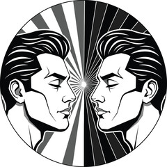Symmetrical black and white male profile illustration with radiating background, representing duality, reflection, identity, and contrast in bold graphic vector style