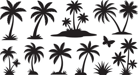 Fototapeta premium Black palm trees on white background black silhouettes tropical nature