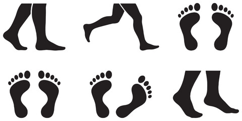 Fototapeta premium Collection of black silhouette icons representing human feet in various poses, including walking, running, and standing footprints.