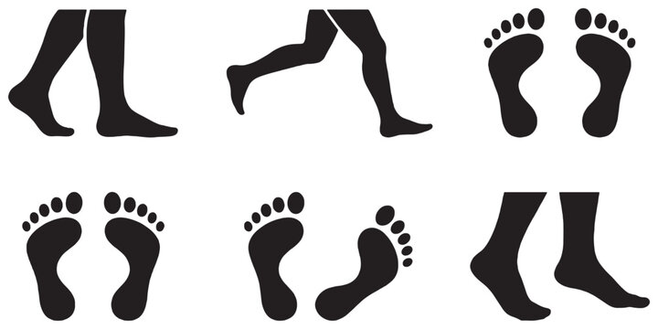 Collection of black silhouette icons representing human feet in various poses, including walking, running, and standing footprints.