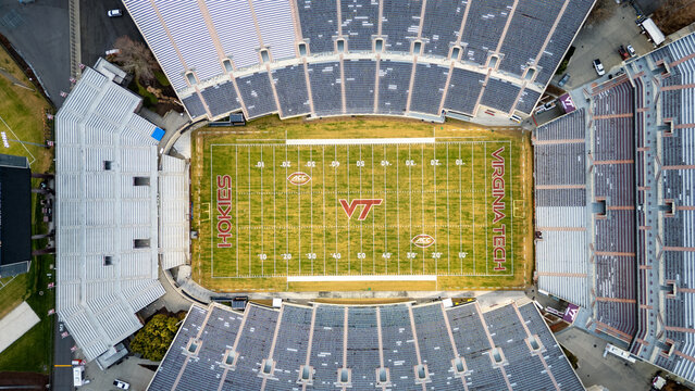 The football field inside Lane Stadium is seen from above on the campus of Virginia Polytechnic Institute and State University (Virginia Tech) in Blacksburg, Virginia
