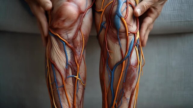 Close-up anatomical illustration of human legs showing blood vessels.