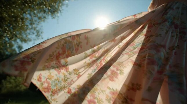 Floral Umbrella in Garden on Sunny Day.