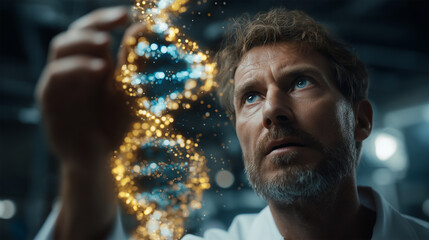 Medical researcher looking at glowing virtual DNA helix structure on digital interface.