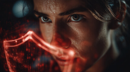 Cyber security expert managing digital network protection shield against hacker attacks.