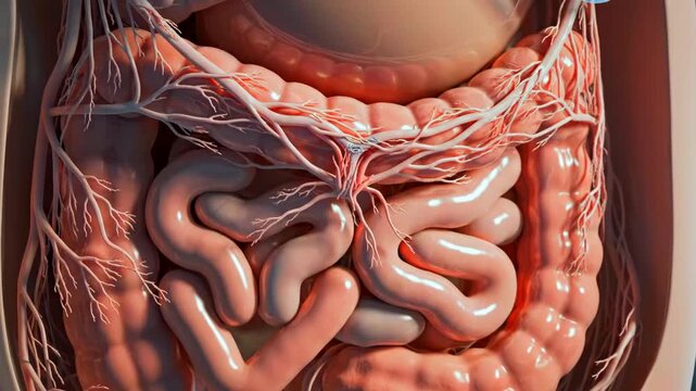Detailed intestine and mesentery vascular network, closeup of small bowel loops and blood vessels for surgical planning soft tissue textures, mucosal folds, clinical anatomy perspective