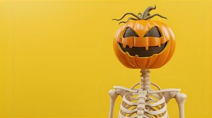 A skeleton with a Halloween pumpkin lantern as its head.