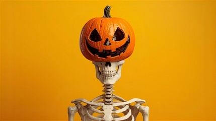 Halloween pumpkin lantern, skeleton.
