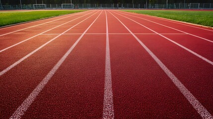 Fototapeta premium Red running track with white lane lines and green grass