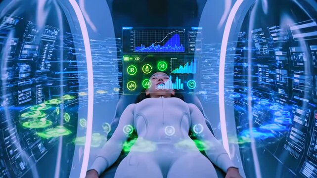 Immersive neural diagnostic scan inside medical capsule with Asian female patient, floating health icons and charts overlay, tranquil supine pose, advanced monitoring systems, diagnostic