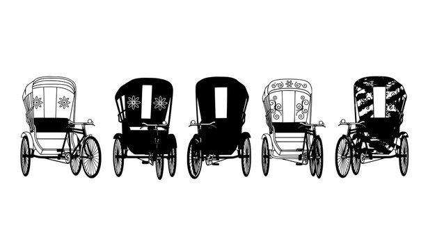 Minimal Indian transport line vector set featuring auto rickshaw hand pulled rickshaw taxi and tuk tuk