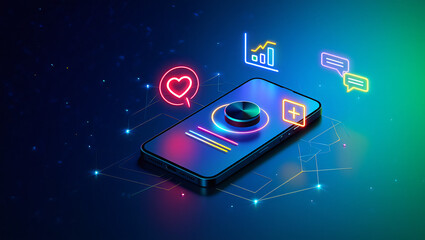 Smartphone with social media icons and graphs on screen technology concept